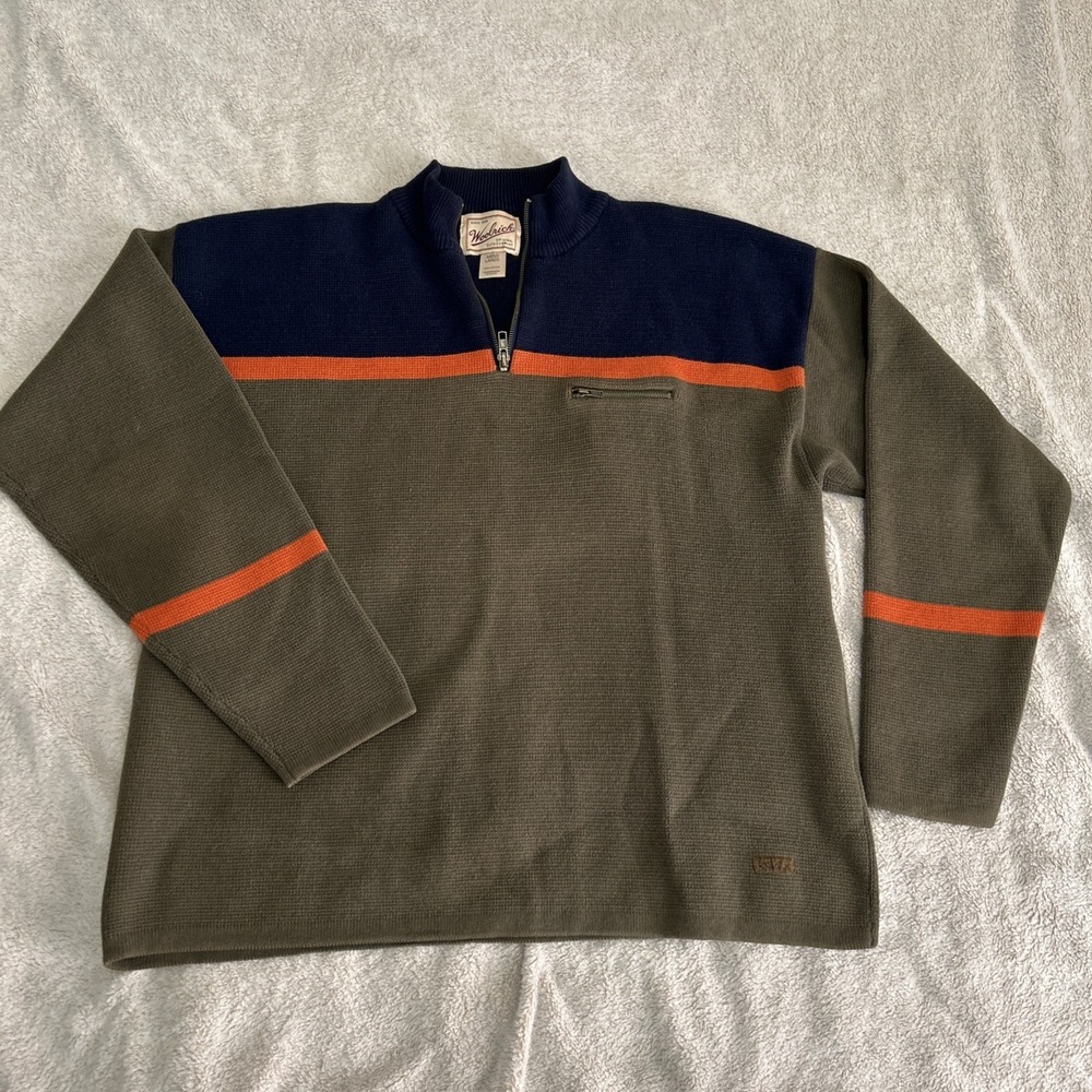 Woolrich Vintage 1/4 Zip Sweater Men's L‎ Knit Cotton Blue Green Orange